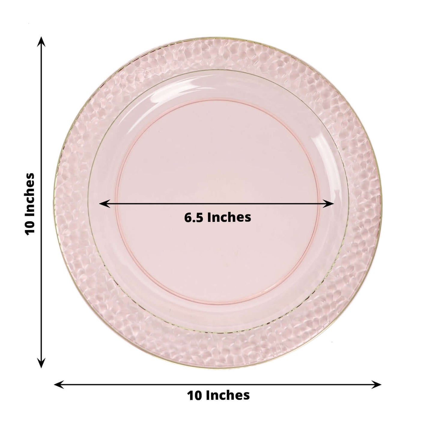 10 Pack Blush Hammered Design Plastic Dinner Plates With Gold Rim 10"