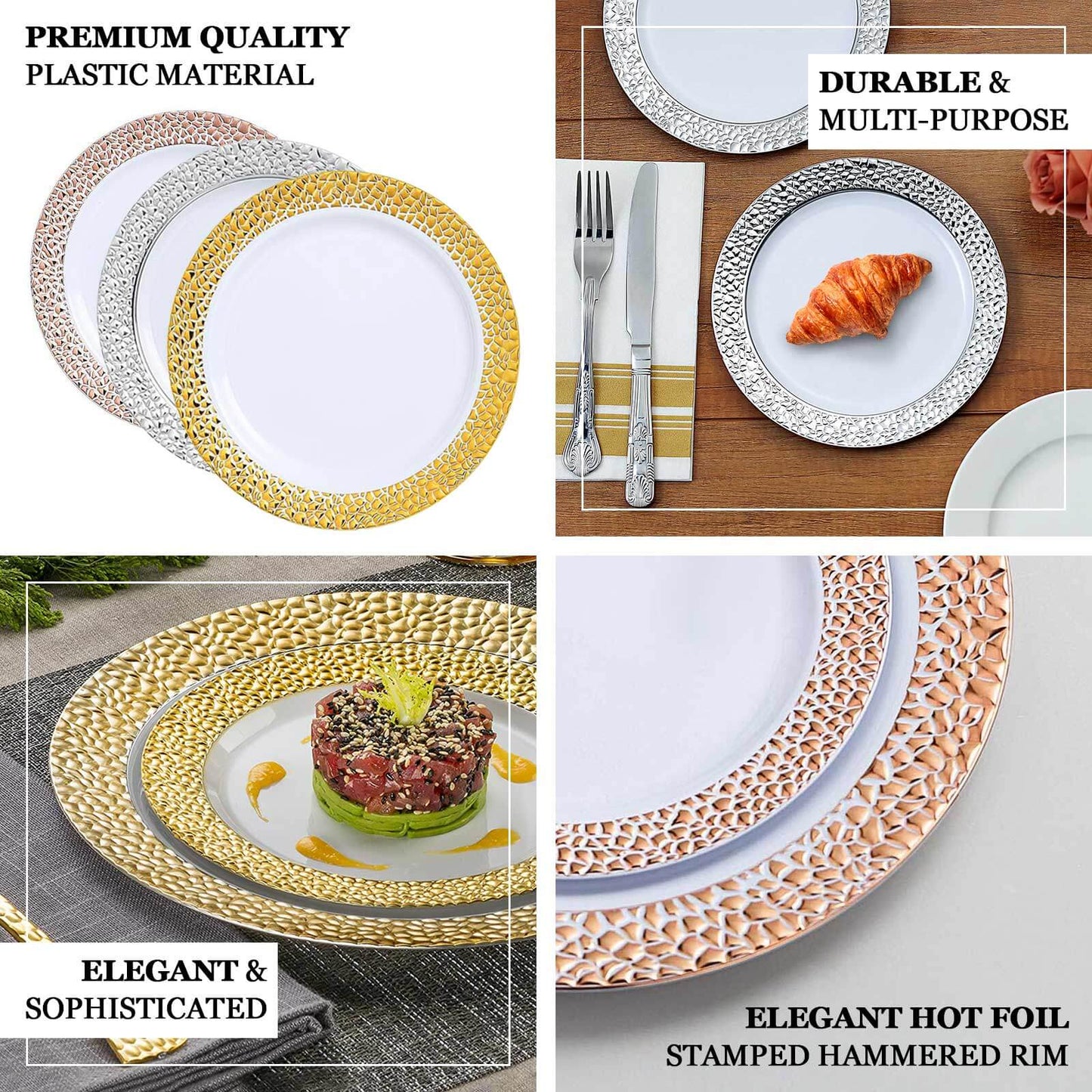 10 Pack Blush Hammered Design Plastic Dinner Plates With Gold Rim 10"